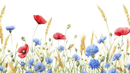 A vibrant painting of a field filled with blue and red flowers. Ideal for nature-themed designs