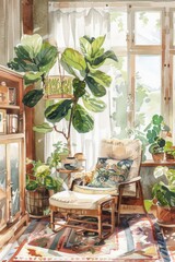 Fototapeta premium A peaceful living room filled with various plants, ideal for interior design projects