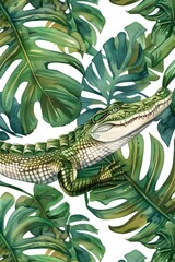 A realistic painting of a crocodile in a lush jungle. Perfect for wildlife enthusiasts and nature lovers