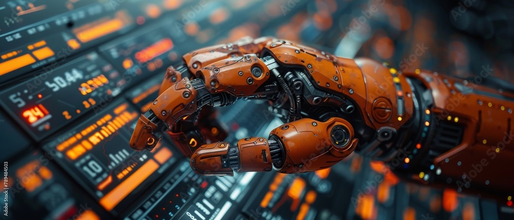Aufkleber Using AI helps traders analyze securities trading stock exchange market data. AI chatbot helps users trade forex. Robots automate stock market trades. Robot hand points financial charts.
