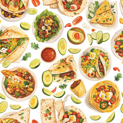Mexican food pattern on white background colorful assortment of food on a table, including rice, tacos, and a variety of vegetables