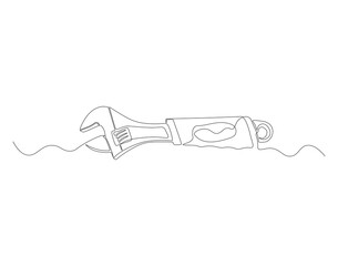 Continuous line drawing of wrench. One line of mechnical wrench. Worker tool concept continuous line art. Editable outline