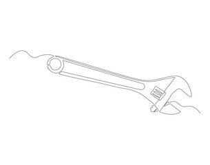 Continuous line drawing of wrench. One line of mechnical wrench. Worker tool concept continuous line art. Editable outline