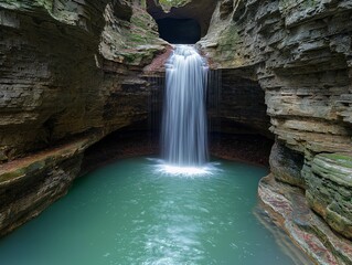 A waterfall is flowing into a pool of water. The water is clear and calm. The waterfall is surrounded by rocks and trees