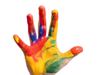 Open child palm covered in vibrant paint colors against a white background, symbolizing creativity, art, and playfulness