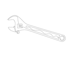Continuous line drawing of wrench. One line of mechnical wrench. Worker tool concept continuous line art. Editable outline