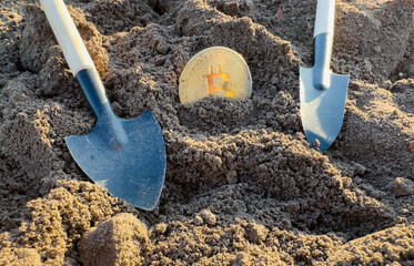 Bitcoin in soil after extraction. Сryptocurrency trading exchange. Bitcoin BTC mining and...