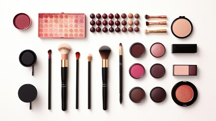 Isolated set of various makeup items on a stark white background