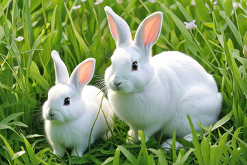 Obraz premium Rabbits. Mother rabbit and baby rabbit on a green meadow. Spring flowers and green grass.