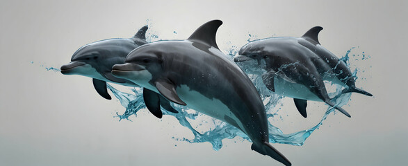 Pod of Leaping Dolphins: 3D Icon of Aquatic Amity in Close-Up Double Exposure - Stock Construction Concept