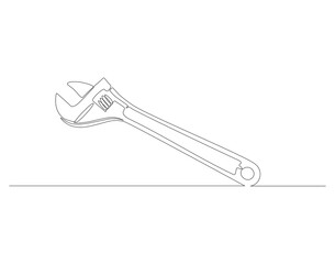 Continuous line drawing of wrench. One line of mechnical wrench. Worker tool concept continuous line art. Editable outline