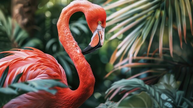 A flamingo standing in a lush green forest, suitable for nature themes