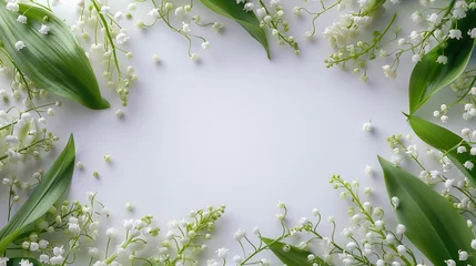 Foto auf Glas Frame of spring flowers, white lilies of the valley on a white background © ksu