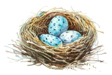A painting of a nest with three blue eggs. Suitable for nature and wildlife themes