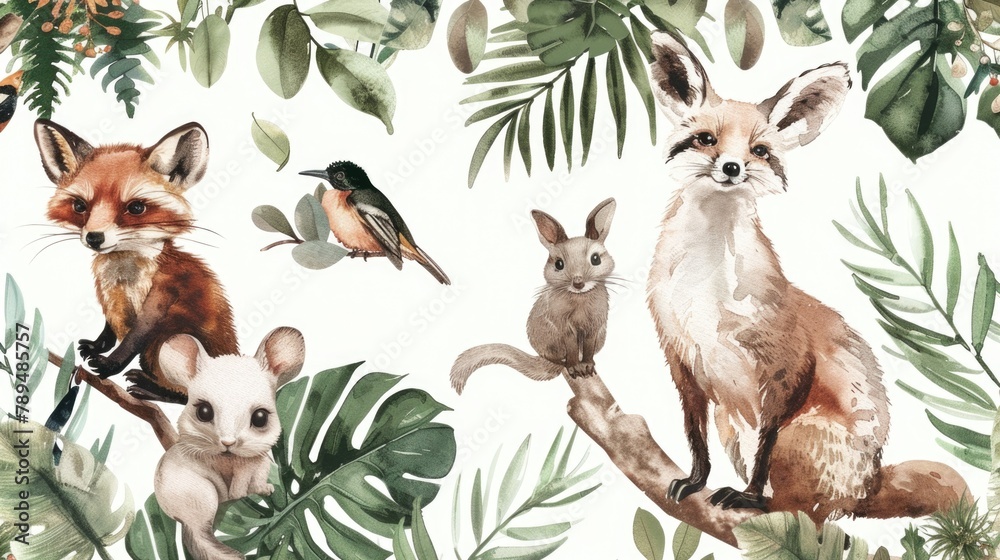 Aufkleber A group of animals sitting on top of a tree branch. Suitable for nature and wildlife themes