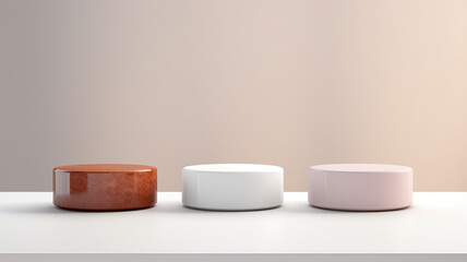 Isolated on a stark white background are three abstract podiums for the placement of beauty products.