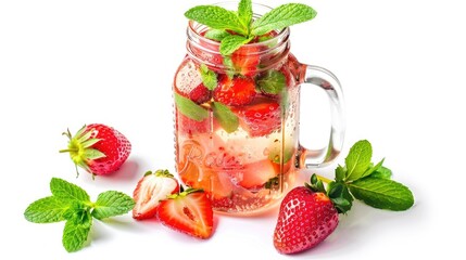 A jar filled with ice, fresh strawberries, and mint leaves. Perfect for summer drinks