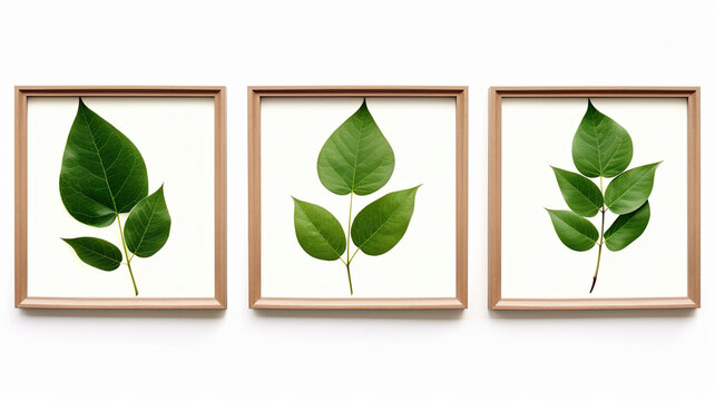 Isolated three picture frames with leaves against a stark white background