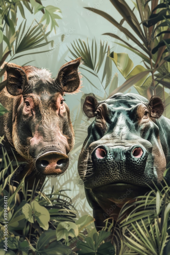 Poster image of two hippos standing side by side. suitable for nature and wildlife themes