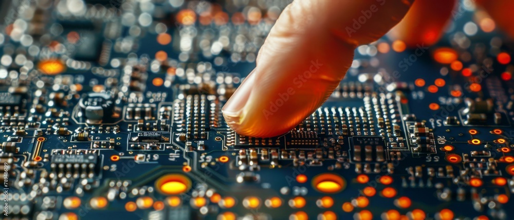 Fototapete With a close-up of the tester checking the motherboard. Toned image with a shallow DOF, focusing on the tester's tip only.