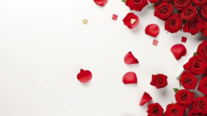 Top view of red roses isolated on a white background with a box filled with rose petals
