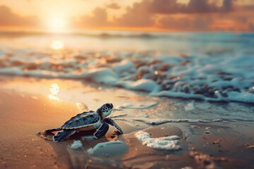 close up of a baby sea turtle is getting out of the water into the beach during sunset - obrazy, fototapety, plakaty