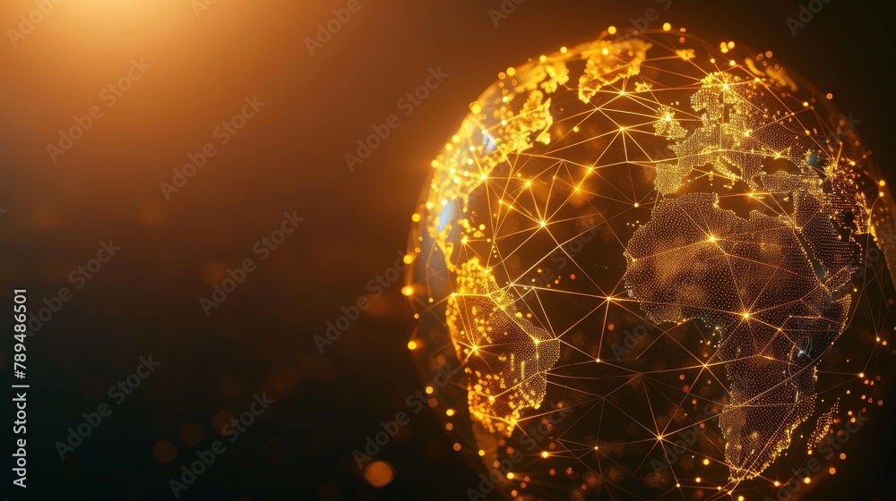 Poster Isolated  illustration of abstract golden planet earth. World map. Space view. Geometric background. Wireframe light connection sphere structure. Modern 3d graphic concept. Isolated