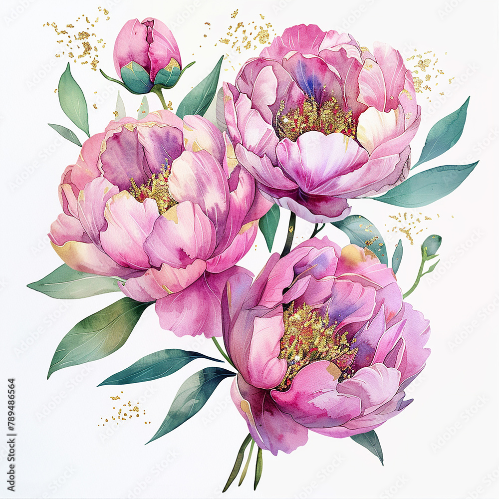 Sticker Peony A bouquet of pink flowers with green leaves. The flowers are arranged in a way that they are all facing the same direction, giving the impression of a unified and harmonious display