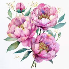 Peony A bouquet of pink flowers with green leaves. The flowers are arranged in a way that they are all facing the same direction, giving the impression of a unified and harmonious display