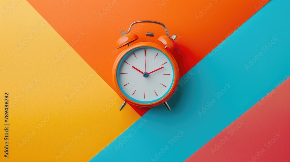 Poster A vibrant image of an orange alarm clock on a colorful wall. Perfect for adding a pop of color to any design project