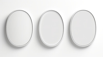 pristine white background with three oval-shaped frames and two a4 horizontal frames in a wall gallery set. - obrazy, fototapety, plakaty