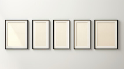 Seven-frame wall gallery set isolated on a white background with a beige wall