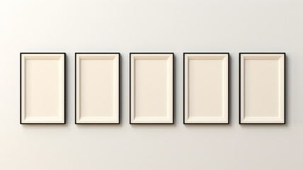 Seven-frame wall gallery set isolated on a white background with a beige wall