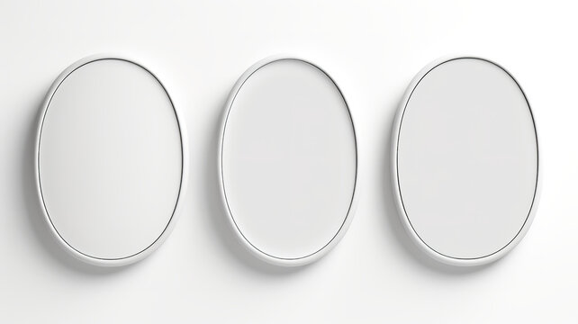 pristine white background with three oval-shaped frames and two a4 horizontal frames in a wall gallery set.