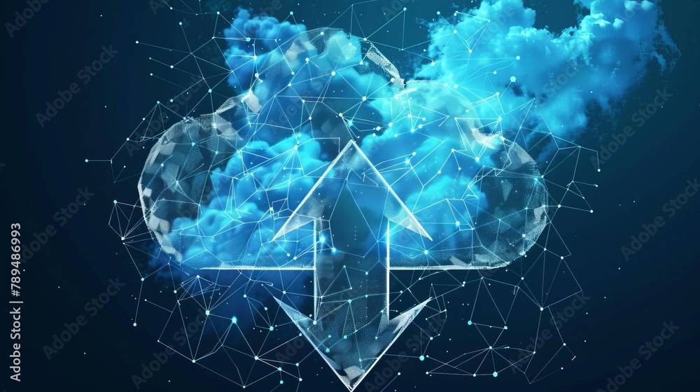 Poster Wireframe cloud storage sign with two arrows pointing up and down isolated on white. Cloud computing, big data concept illustration or background.