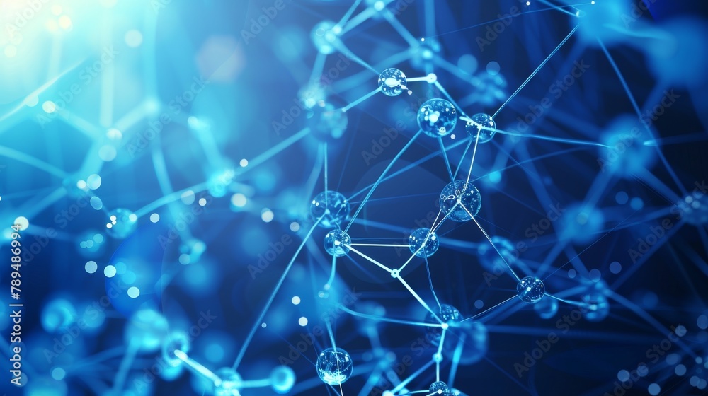 Poster Concept Illustration or Background of an abstract futuristic micro molecule structure with sphere on a blue background. Suitable for science, research, chemistry, biotechnology, or medical