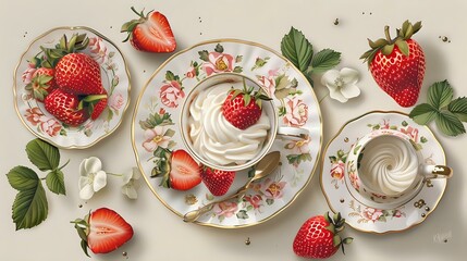 Springtime Tea Delight: Floral Tea Set with Fresh Strawberries