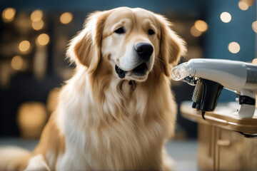 dog Groomer drying retriever blow golden bathe obedient clean photogenic hygiene brush dryer grooming hair pampering hand blowdryer care wind air blowing soft pedigree happy hot - obrazy, fototapety, plakaty