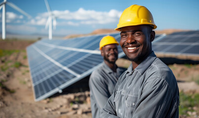Two African American engineers maintaining solar cell panels on factory building rooftop. Technician working outdoor on ecological solar farm construction. Renewable clean energy technology concept