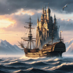 A fairy-tale ship majestically sails across the waves of the boundless sea, framed by clouds - obrazy, fototapety, plakaty
