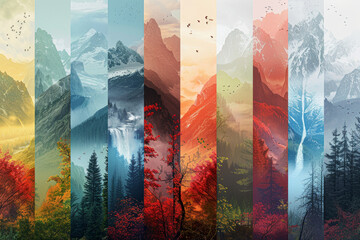 A series of colorful mountain landscapes with a blue sky in the background. The mountains are of different sizes and colors, and there are birds flying in the sky - obrazy, fototapety, plakaty