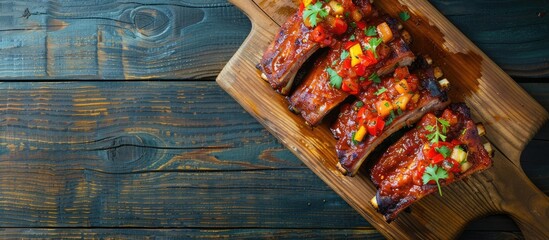 Barbecue pork spare ribs topped with fruit relish displayed from above on a vintage wooden board, with space for text. - obrazy, fototapety, plakaty