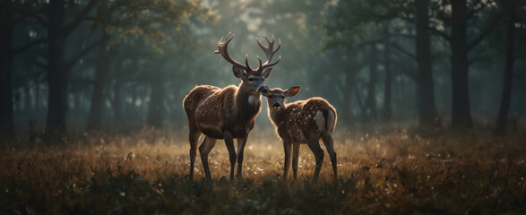Antlered Affection: Serene Deer Family Grazing - Close-Up Double Exposure Photo Stock