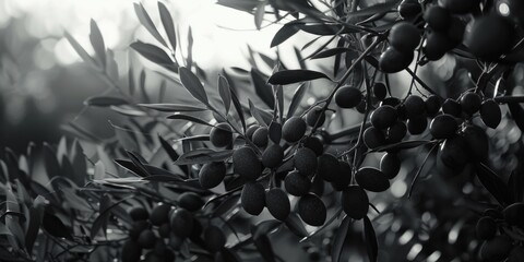 Black and white photo of olives on a tree, suitable for food and agriculture concepts