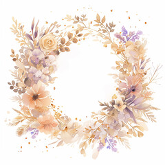 A flowery wreath with a gold frame border. The flowers are in various shades of pink and purple