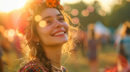portrait of a beautiful woman at a daytime hippie festival in high resolution and quality