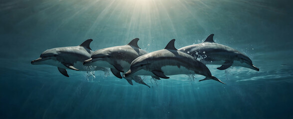Aquatic Amity: A Pod of Dolphins Displaying Harmony in a Close-up Double Exposure Photo