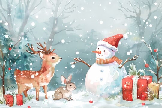 A painting of a snowman and a deer in the snow. Suitable for winter holiday themes