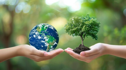 Concept image for World Environment Day: Two human hands holding a globe of the earth and a heart-shaped tree against a blurry green background. 