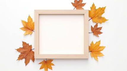 Maple leaves and a wooden picture frame isolated on a white background